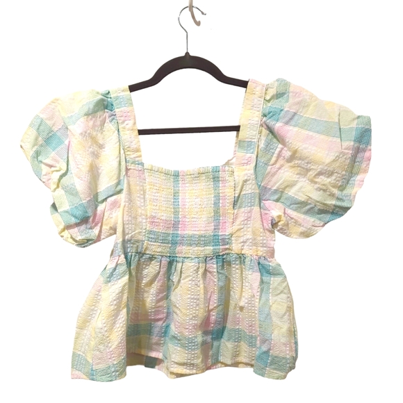 Old Navy Puff Sleeve Seersucker Babydoll Swing Blouse Pastel Plaid Size Medium - Picture 2 of 3